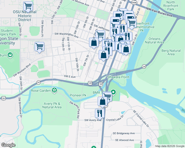 map of restaurants, bars, coffee shops, grocery stores, and more near 834 Southwest 5th Street in Corvallis
