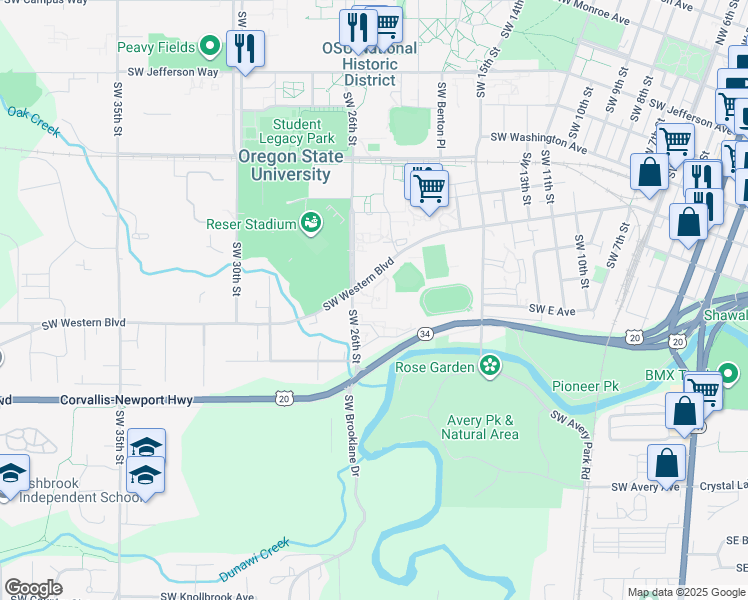 map of restaurants, bars, coffee shops, grocery stores, and more near 1115 Southwest 26th Street in Corvallis