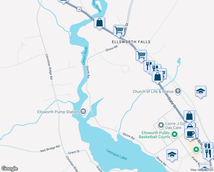 map of restaurants, bars, coffee shops, grocery stores, and more near 253 Shore Road in Ellsworth
