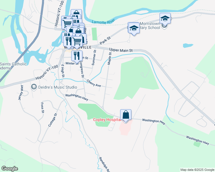 map of restaurants, bars, coffee shops, grocery stores, and more near 15 East Cherry Avenue in Morristown
