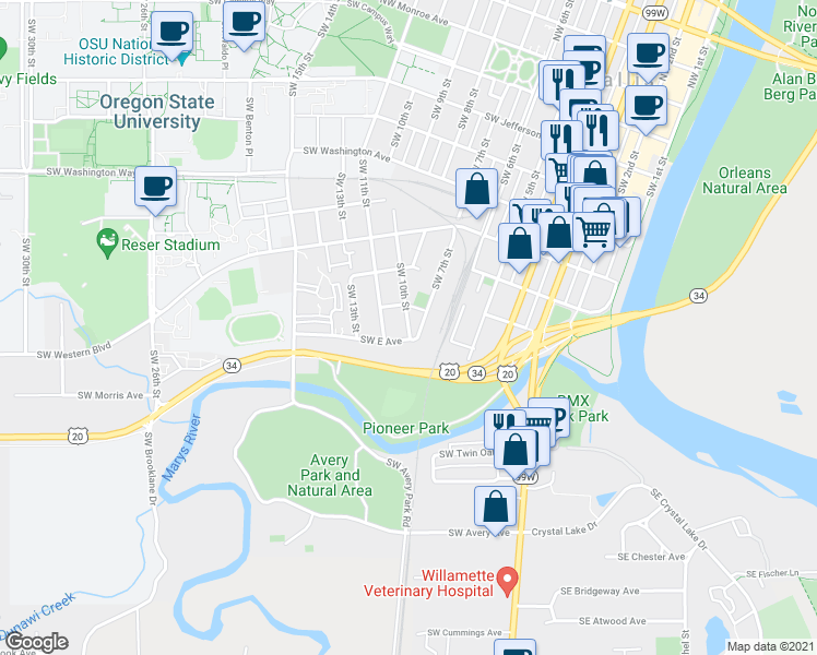 map of restaurants, bars, coffee shops, grocery stores, and more near 1025 Southwest 10th Street in Corvallis