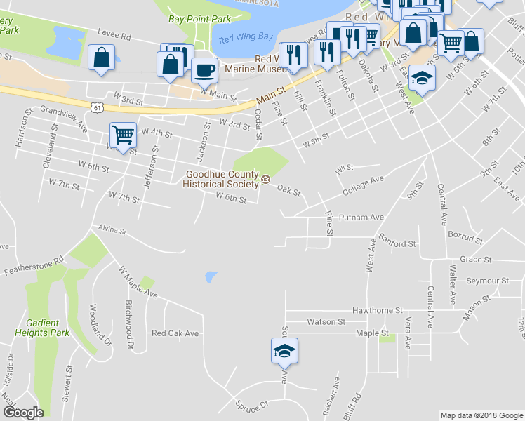 map of restaurants, bars, coffee shops, grocery stores, and more near 1180 College Avenue in Red Wing