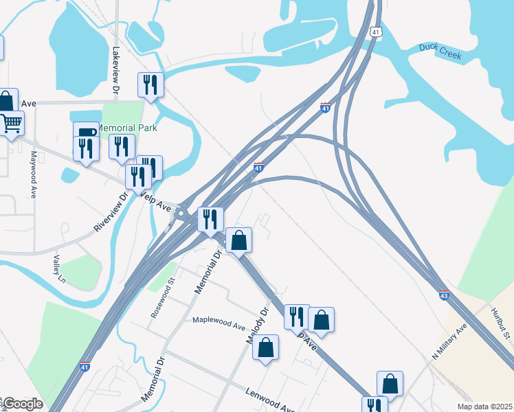 map of restaurants, bars, coffee shops, grocery stores, and more near 740 North Memorial Drive in Green Bay