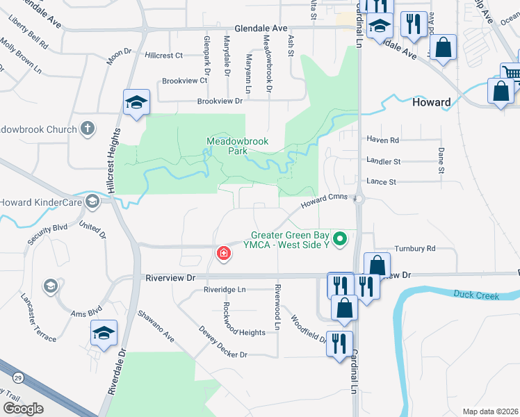 map of restaurants, bars, coffee shops, grocery stores, and more near 2750 Howard Commons in Howard