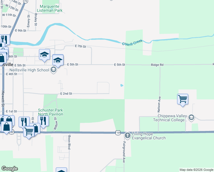map of restaurants, bars, coffee shops, grocery stores, and more near 206 Ridge Road in Neillsville