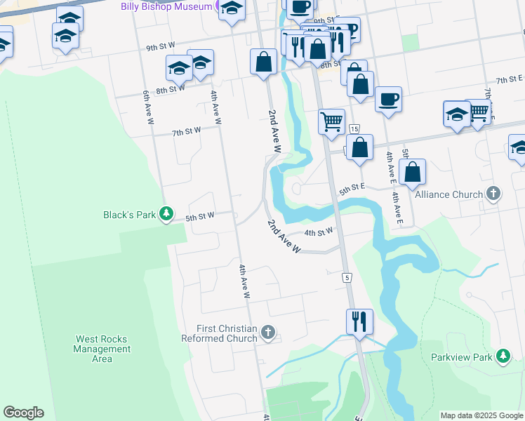 map of restaurants, bars, coffee shops, grocery stores, and more near 498 Moores Hill in Owen Sound