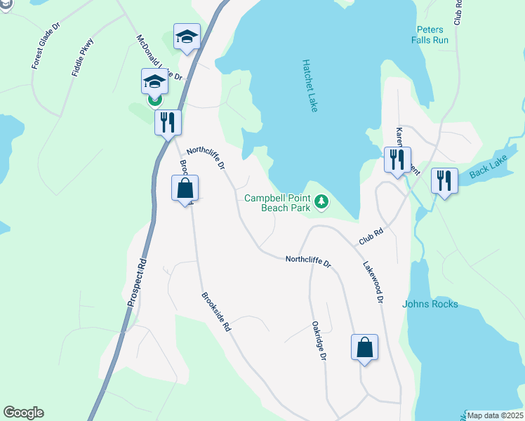 map of restaurants, bars, coffee shops, grocery stores, and more near 143 Northcliffe Drive in Brookside