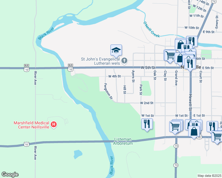 map of restaurants, bars, coffee shops, grocery stores, and more near 216 Sunset Place in Neillsville