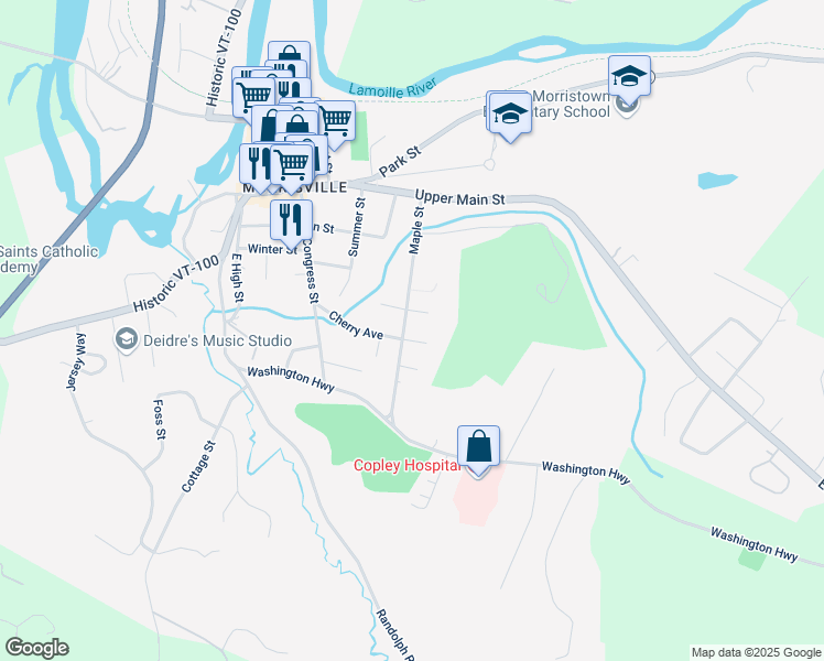map of restaurants, bars, coffee shops, grocery stores, and more near 15 East Cherry Avenue in Morristown