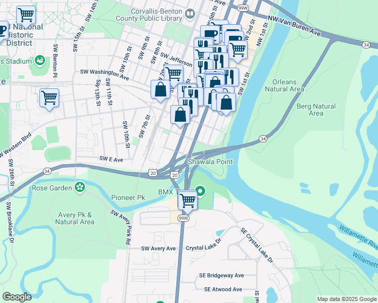 map of restaurants, bars, coffee shops, grocery stores, and more near 748 U.S. 20 in Corvallis