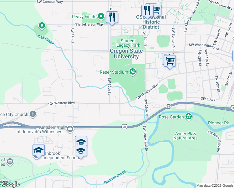 map of restaurants, bars, coffee shops, grocery stores, and more near 840 Southwest Grove Street in Corvallis