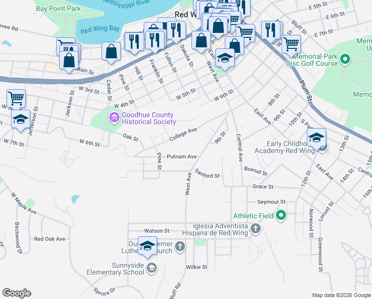 map of restaurants, bars, coffee shops, grocery stores, and more near 1048 Putnam Avenue in Red Wing