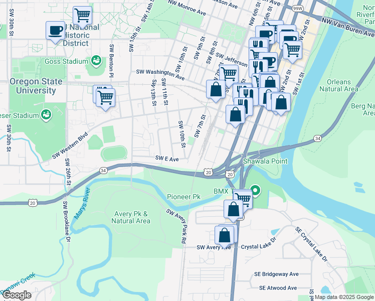 map of restaurants, bars, coffee shops, grocery stores, and more near 1050 Southwest E Avenue in Corvallis
