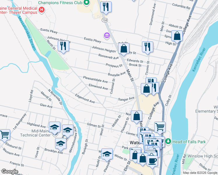 map of restaurants, bars, coffee shops, grocery stores, and more near 19 Colonial Street in Waterville