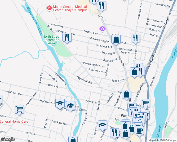 map of restaurants, bars, coffee shops, grocery stores, and more near 77 North Street in Waterville