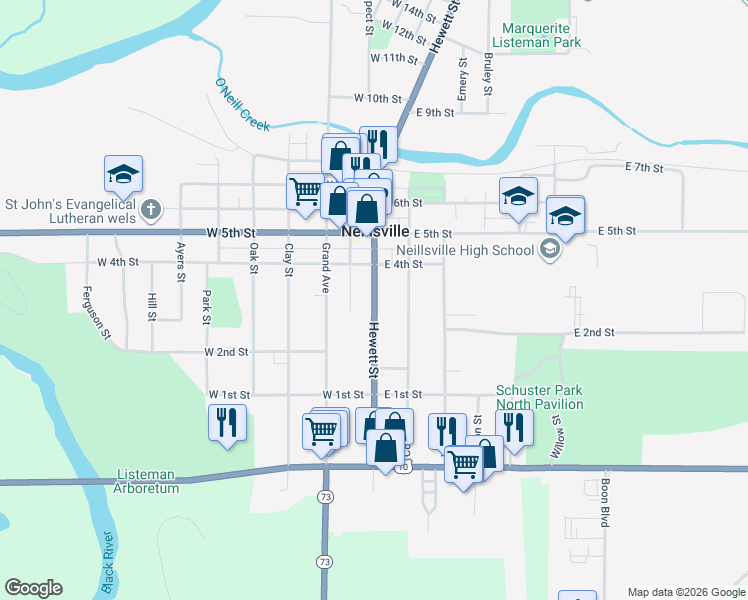 map of restaurants, bars, coffee shops, grocery stores, and more near 316 Hewett Street in Neillsville