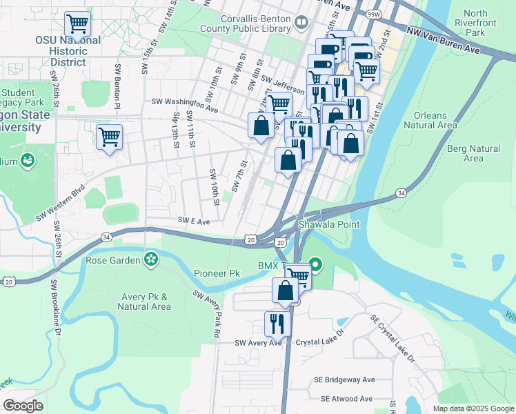 map of restaurants, bars, coffee shops, grocery stores, and more near 806 Southwest 5th Street in Corvallis