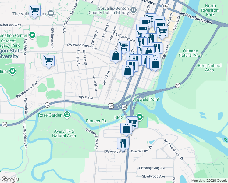 map of restaurants, bars, coffee shops, grocery stores, and more near 834 Southwest 5th Street in Corvallis