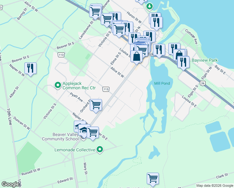 map of restaurants, bars, coffee shops, grocery stores, and more near 103 Bruce Street South in Thornbury