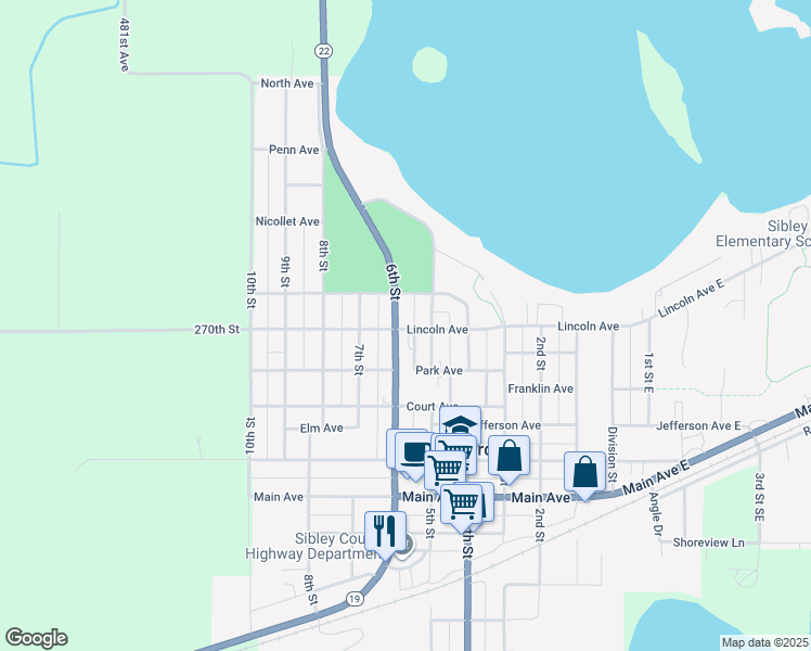 map of restaurants, bars, coffee shops, grocery stores, and more near 517 5th Street in Gaylord
