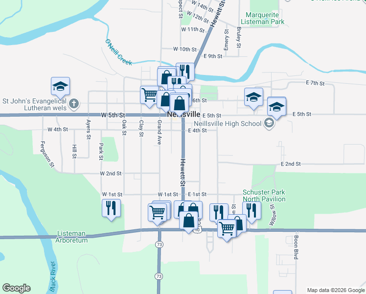 map of restaurants, bars, coffee shops, grocery stores, and more near 316 Hewett Street in Neillsville