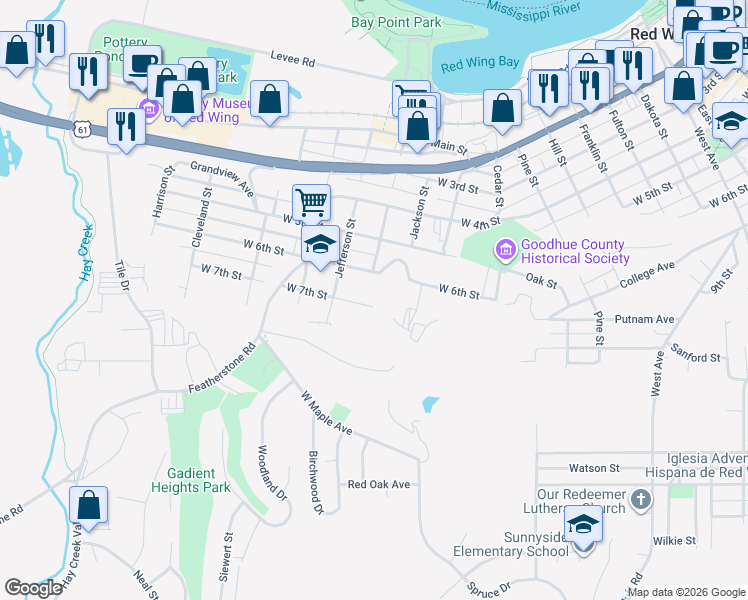 map of restaurants, bars, coffee shops, grocery stores, and more near 1424 West 7th Street in Red Wing