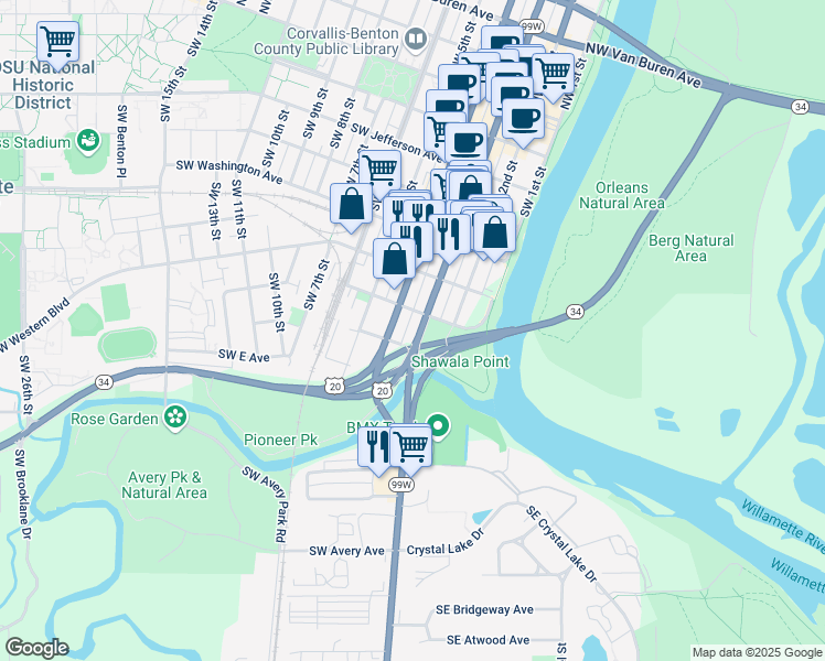 map of restaurants, bars, coffee shops, grocery stores, and more near 748 U.S. 20 in Corvallis