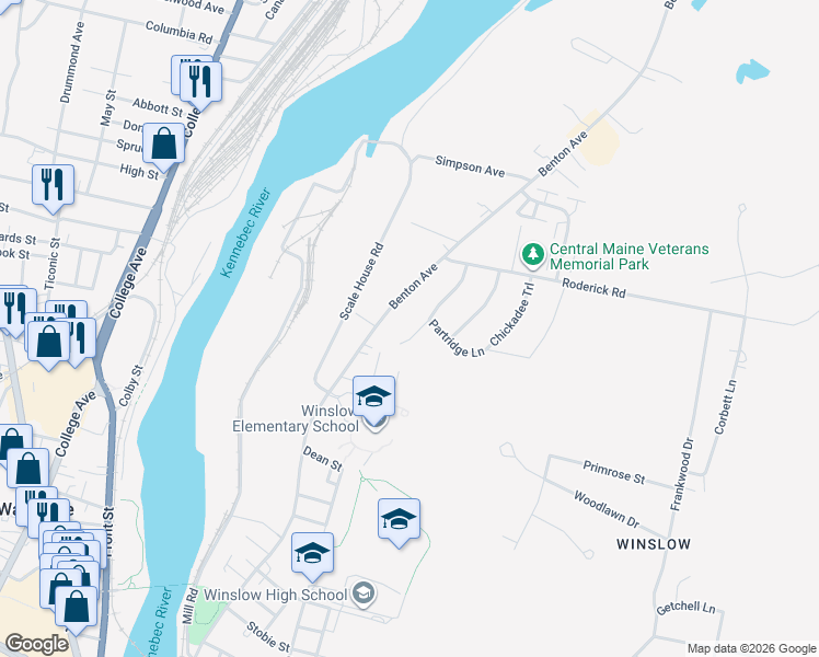 map of restaurants, bars, coffee shops, grocery stores, and more near 14 Cardinal Way in Winslow