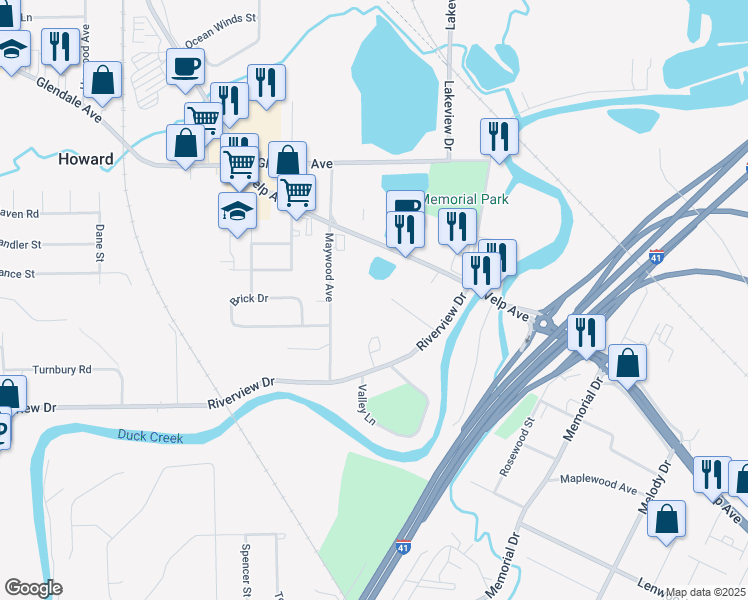 map of restaurants, bars, coffee shops, grocery stores, and more near 2035-2065 Elmwood Court in Green Bay