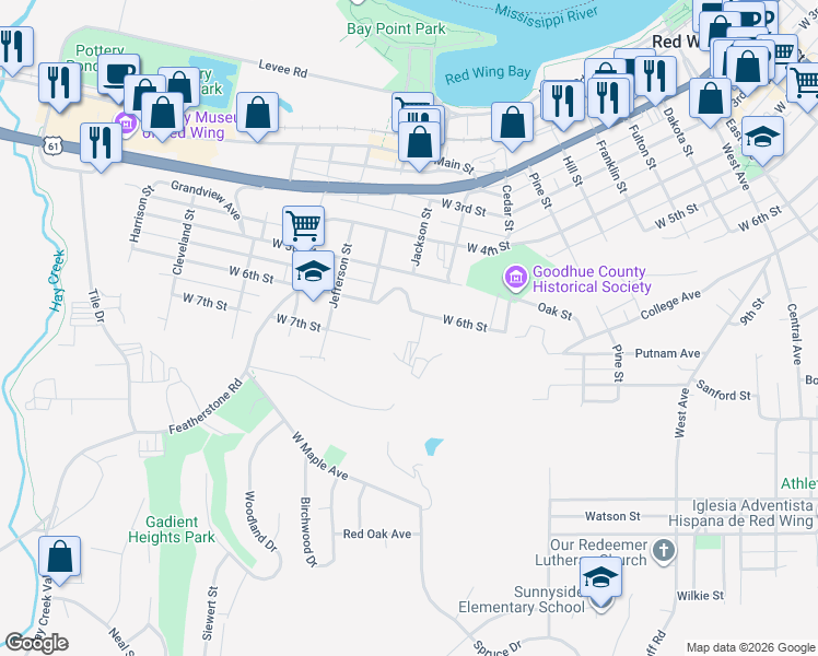 map of restaurants, bars, coffee shops, grocery stores, and more near 1424 West 7th Street in Red Wing