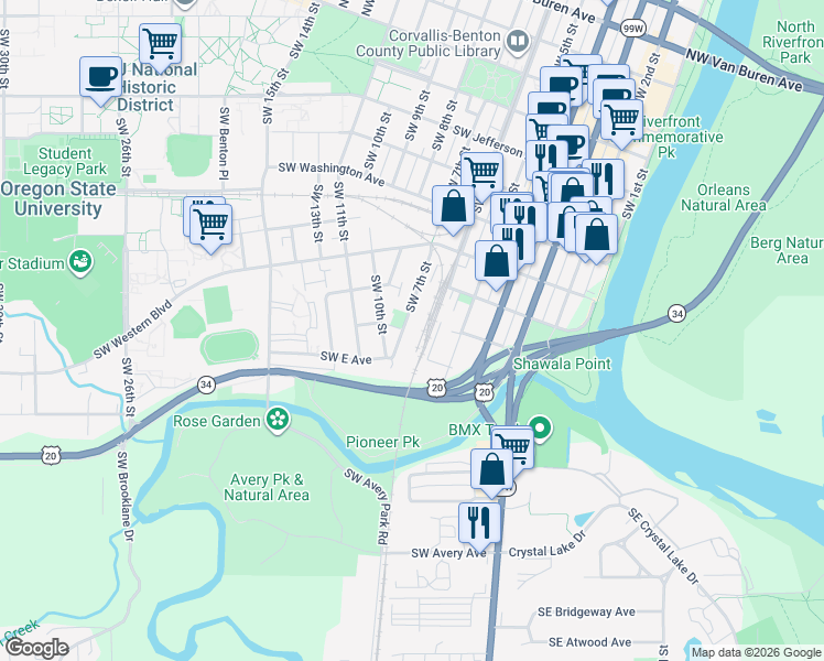 map of restaurants, bars, coffee shops, grocery stores, and more near 701 Southwest 7th Street in Corvallis
