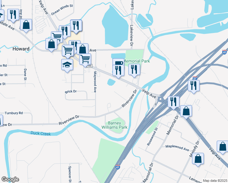 map of restaurants, bars, coffee shops, grocery stores, and more near Elmwood Court in Green Bay