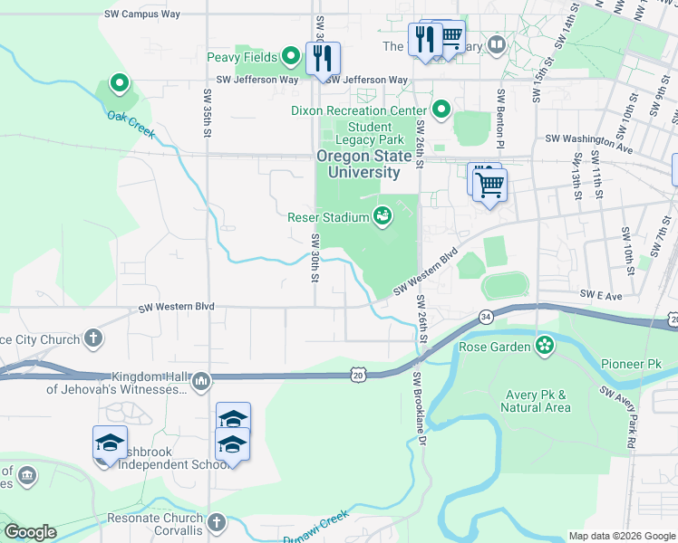 map of restaurants, bars, coffee shops, grocery stores, and more near 830 Southwest Grove Street in Corvallis