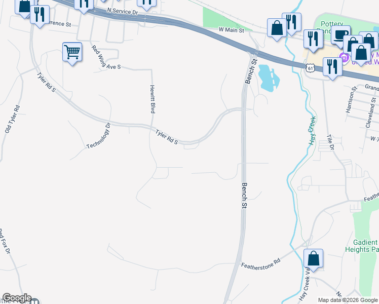 map of restaurants, bars, coffee shops, grocery stores, and more near 582 Tyler Road South in Red Wing