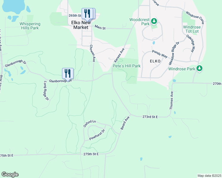 map of restaurants, bars, coffee shops, grocery stores, and more near 27060 Xerxes Trail in Elko New Market