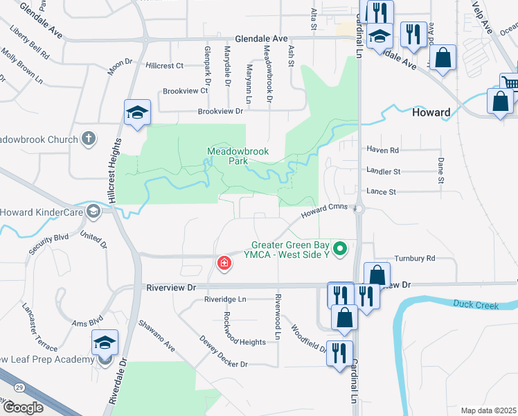 map of restaurants, bars, coffee shops, grocery stores, and more near 2790 Elm Tree Hill in Green Bay