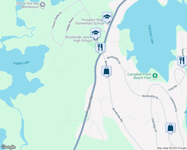 map of restaurants, bars, coffee shops, grocery stores, and more near 2362 Prospect Road in Hatchet Lake
