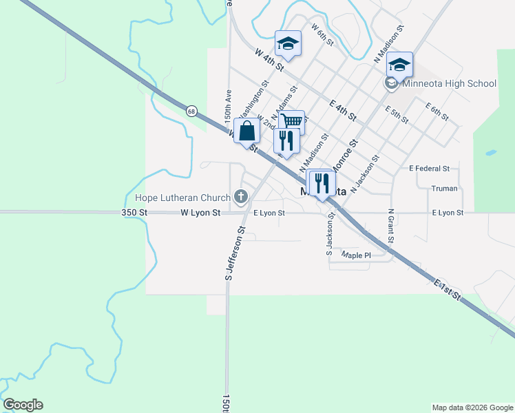 map of restaurants, bars, coffee shops, grocery stores, and more near 105 East Lyon Street in Minneota