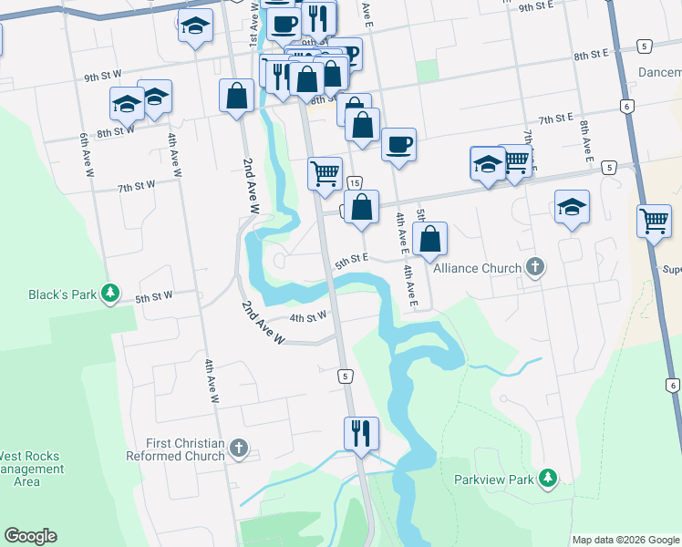 map of restaurants, bars, coffee shops, grocery stores, and more near 229 4th Street 'A' East in Owen Sound