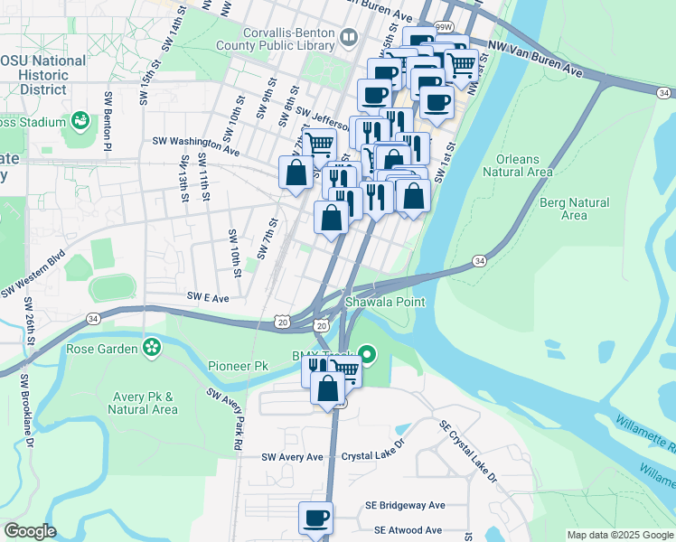 map of restaurants, bars, coffee shops, grocery stores, and more near 816 Southwest 3rd Street in Corvallis