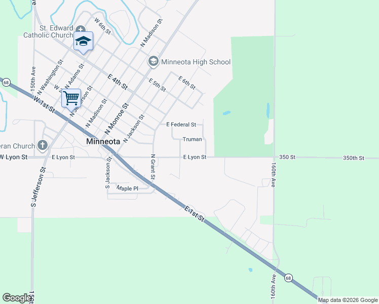map of restaurants, bars, coffee shops, grocery stores, and more near 102 North Wilson Street in Minneota
