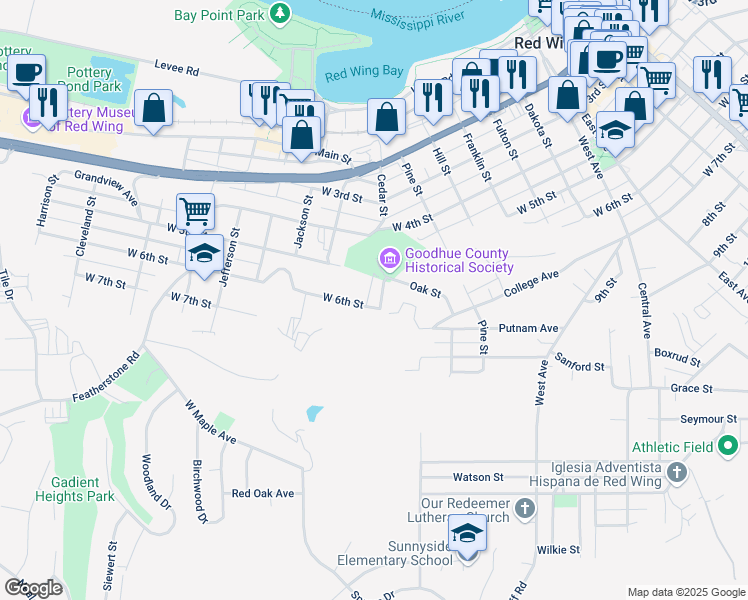 map of restaurants, bars, coffee shops, grocery stores, and more near 1180 College Avenue in Red Wing