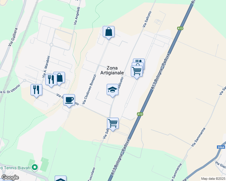 map of restaurants, bars, coffee shops, grocery stores, and more near 22 Via Saliceto in Zona Artigianale