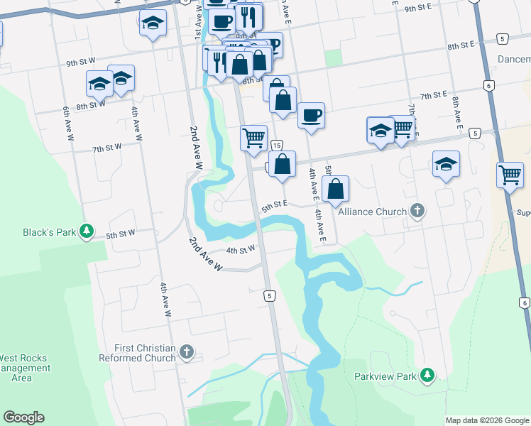map of restaurants, bars, coffee shops, grocery stores, and more near 211 5th Street East in Owen Sound