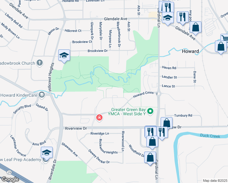 map of restaurants, bars, coffee shops, grocery stores, and more near 723 Meadowbrook Court in Green Bay