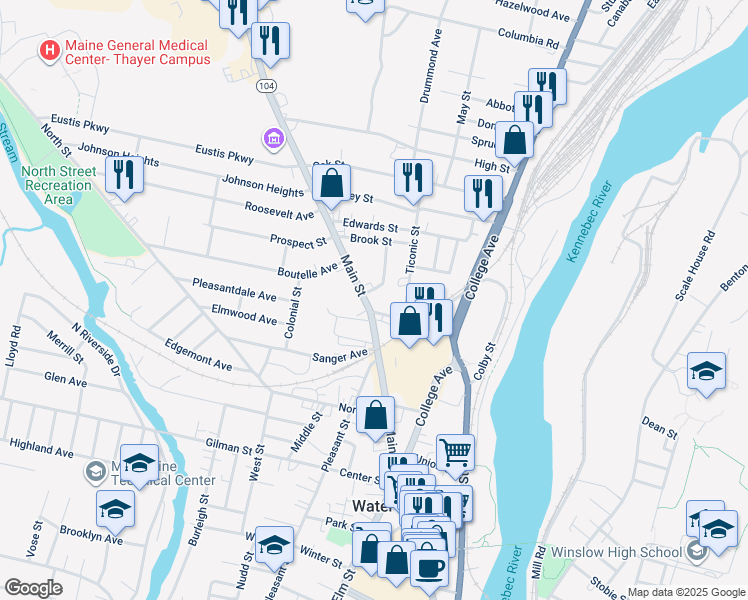map of restaurants, bars, coffee shops, grocery stores, and more near 267 Maine 104 in Waterville