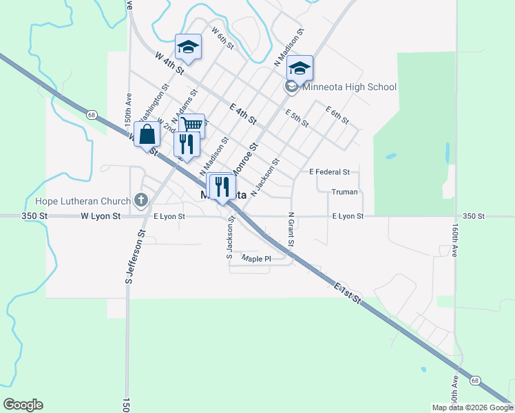 map of restaurants, bars, coffee shops, grocery stores, and more near 106 North Jackson Street in Minneota