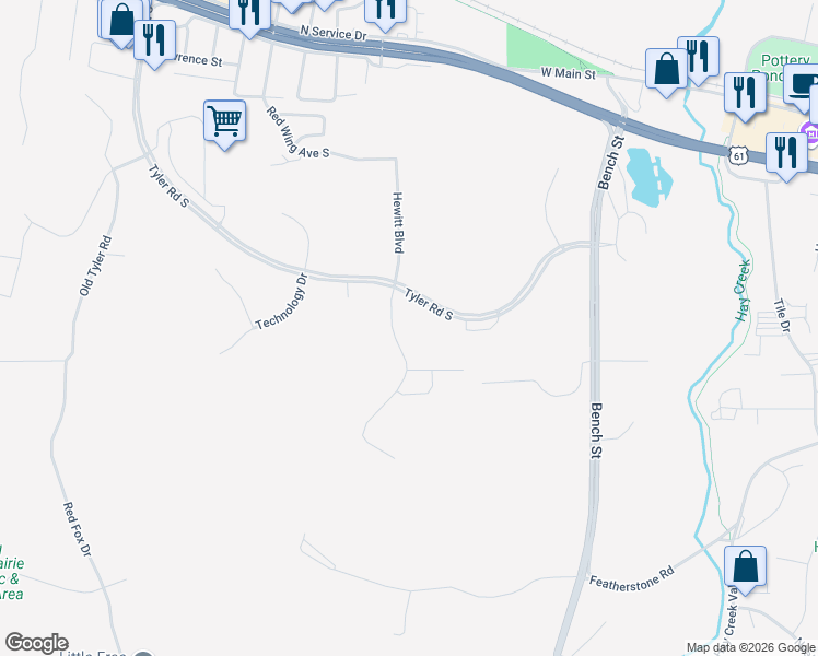 map of restaurants, bars, coffee shops, grocery stores, and more near 830 Hewitt Boulevard in Red Wing