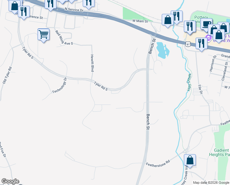 map of restaurants, bars, coffee shops, grocery stores, and more near 582 Tyler Road South in Red Wing