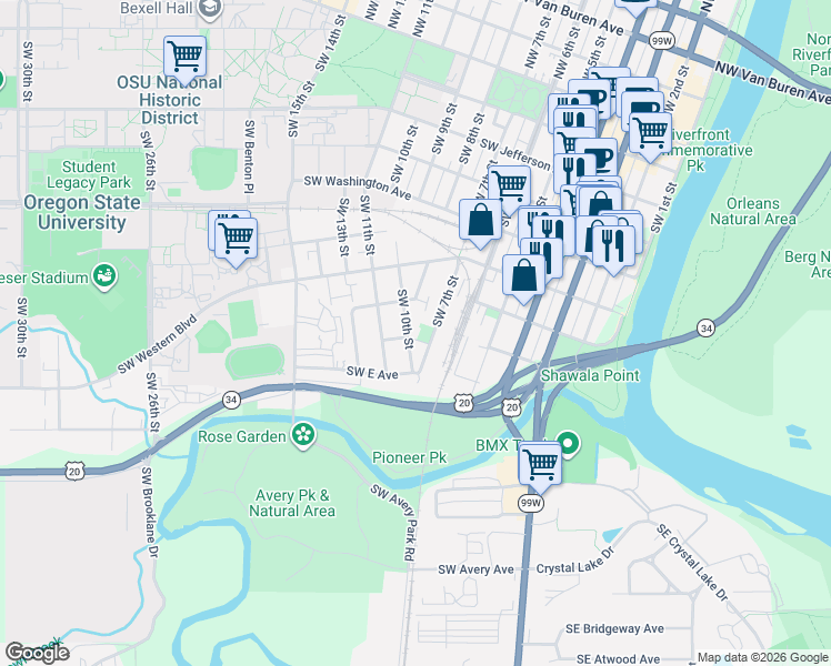 map of restaurants, bars, coffee shops, grocery stores, and more near 910 Southwest 10th Street in Corvallis